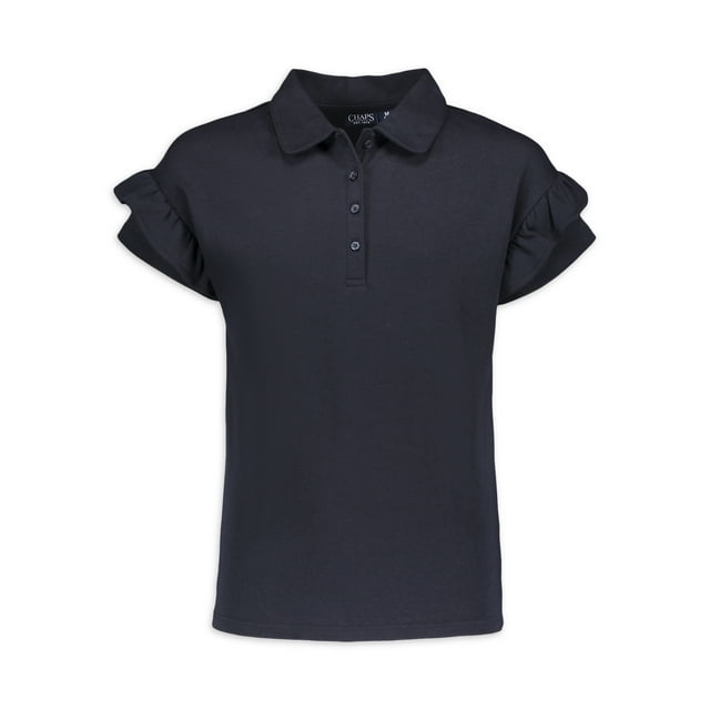 CHAPS Girls School Uniform Short Sleeve Interlock Polo With Ruffle
