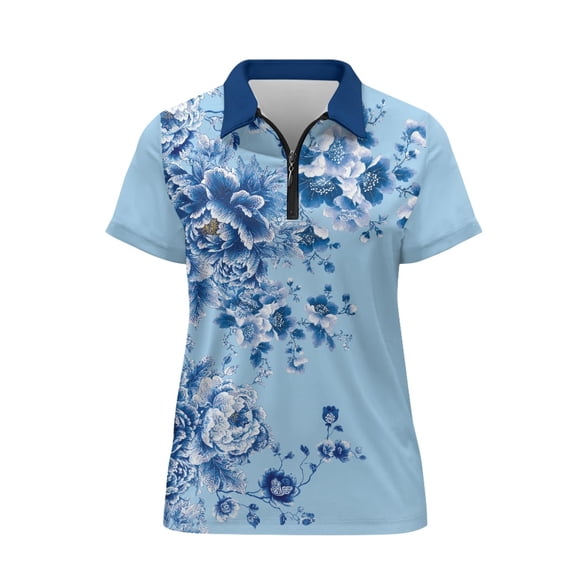CHAQLIN 1/4 Zip Sport Shirt, Blue Floral Pattern Polyester Elastic Quick Dry Golf Polo Tops for Bowling Outdoor Sports Tennis