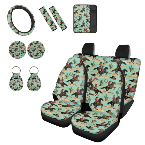 CHAQLIN 12 PCS Car Seat Covers Full Set, with Steering Wheel Cover, Seat Belt Pads, Car Coasters, Key Fob Holders, Center Console Armrest Cover, Cowboy Desert Pattern Car Interior Accessories for SUV