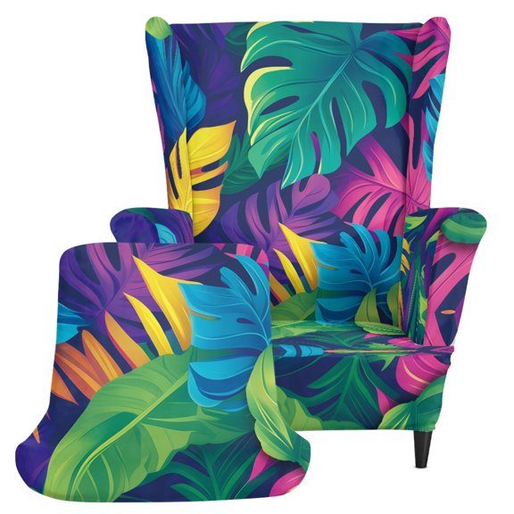 CHAQLIN 2-Piece Soft Wingback Sofa Protector, Tropical Monstera Spandex Washable Wingback Chair Cover for Bedroom Living Room