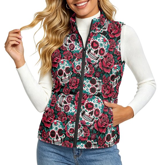 CHAQLIN with 2 Pockets Padded Waistcoat for Winter Traveling, Mexican Sugar Skulls Roses Day of the Dead Stretch Polyester Lightweight Quilted jacket vest for Women