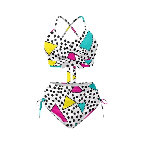 CHAQLIN 80s or 90s Memphis Graphics Bikini High Waisted Swimsuit for Women Two Piece Twist Front Bathing Suit Sexy Push Up Cross Lace Up Swimsuits Top Pads Halter Bikinis Swim Bathing Suits