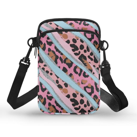 CHAQLIN Adjustable Shoulder Strap Cellphone Purse for Daily Commute Travel, Polyester Lightweight Cellphone Crossbody Bag, Pink Leopard Stripes