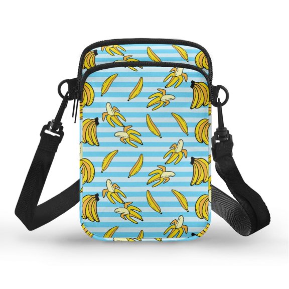 CHAQLIN Adjustable Shoulder Strap Crossbody Bag for Work Shop, Polyester Portable Crossbody Phone Bag, Banana Print with Blue & White Striped Background