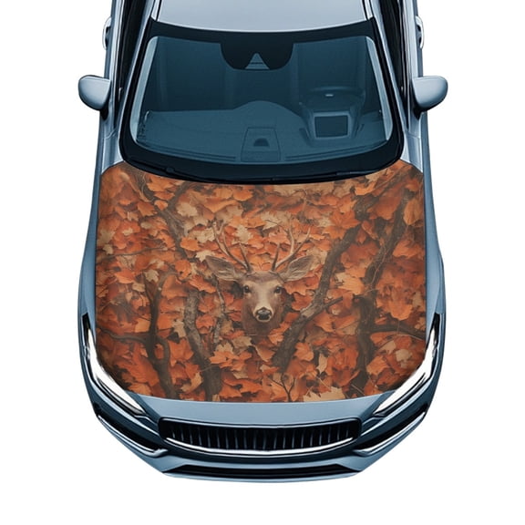 CHAQLIN Autumn Forest Deer Car Hood Cover - Waterproof Sunproof Stretchable Protector with Fall Leaf Design - Universal Fit for Trucks, SUVs & Sedans