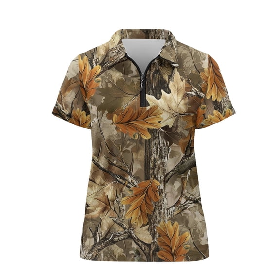 CHAQLIN Autumn Leaves Print Tennis Short Sleeved Shirt, Soft Quick Dry Breathable Women V Neck Golf Shirts for Outdoor Bowling Hiking Quarter Zip