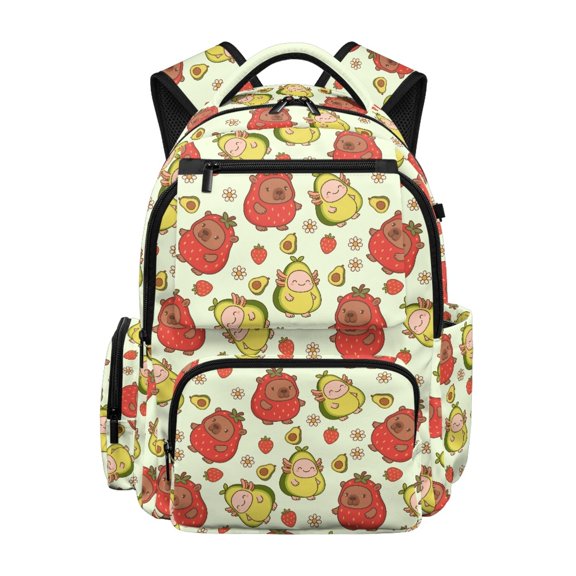 CHAQLIN Avocado Strawberry Capybara Salamander Travel Ruckpack with Breathable, Multi-Pocket Waterproof 17 Inch School Backpack for Daily Use Back to School