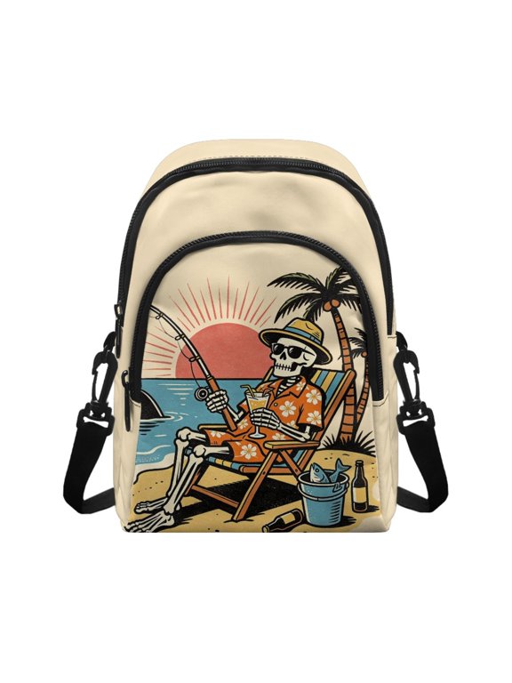 Beach Fishing Skeleton Print Small Crossbody Bag with Lightweight Adjustable Strap Crossbody Wallet for Daily Use, Polyester Small Crossbody Wallet