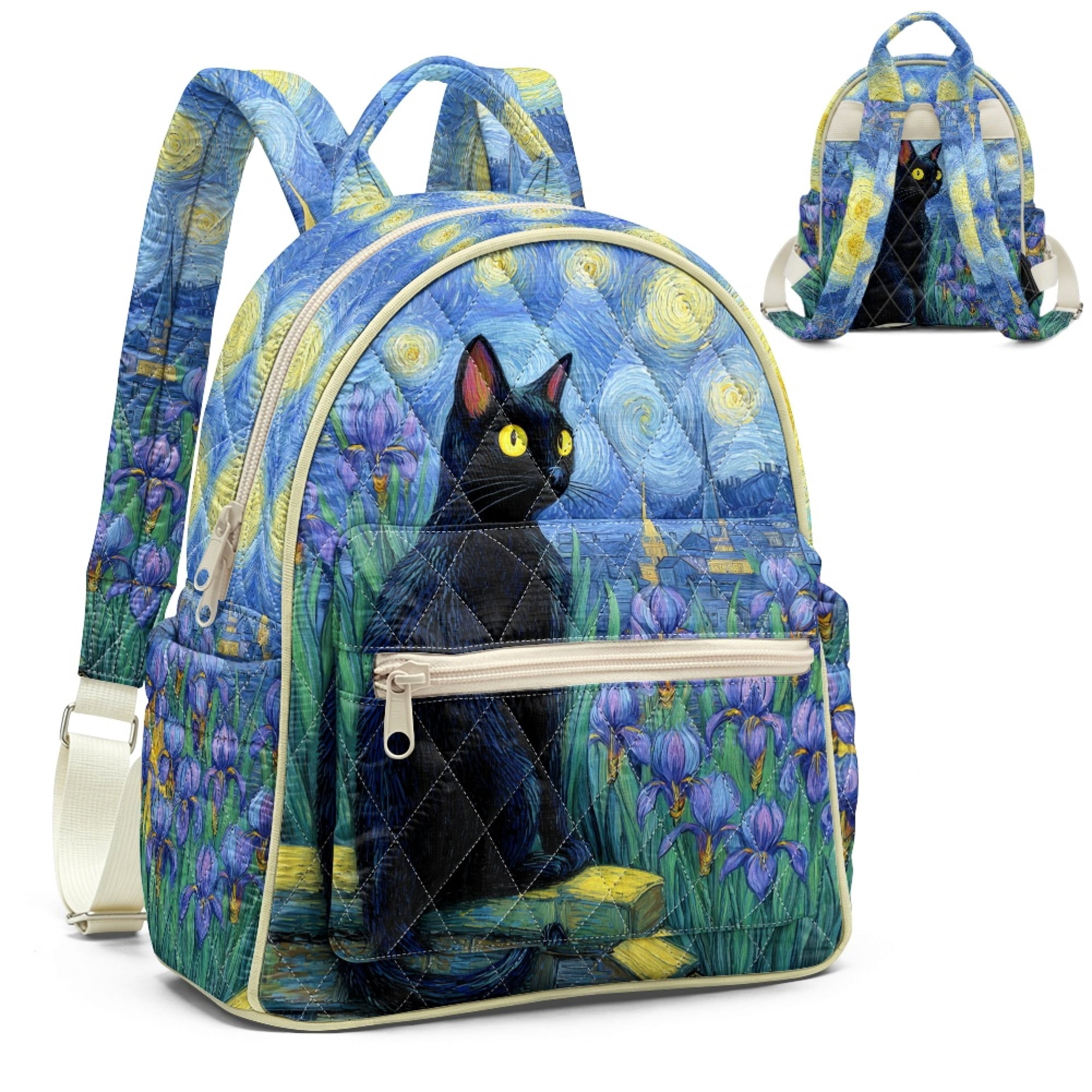 Two Cat Backpack CHAQLIN Black Cat Starry Night Quilted Backpack Purse, Mini Polyester ...