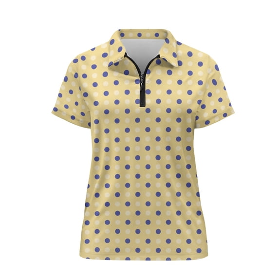 CHAQLIN Blue Dot Print Women Short Sleeve Golf Shirts, V Neck Skin Friendly Half Zipper Polo Shirts for Tennis Travel Outdoor Lightweight