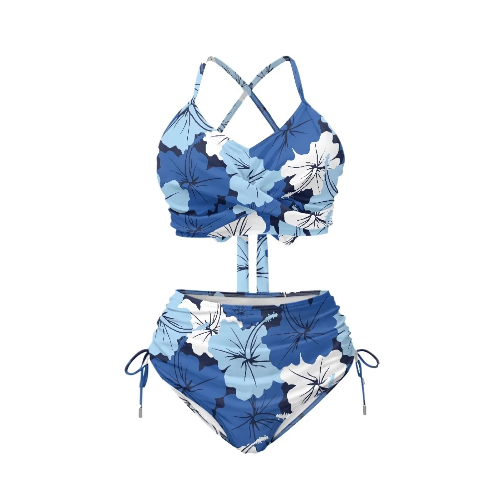 CHAQLIN Blue Hibiscus Two Piece Bikini Halter Swimsuit High Waisted ...