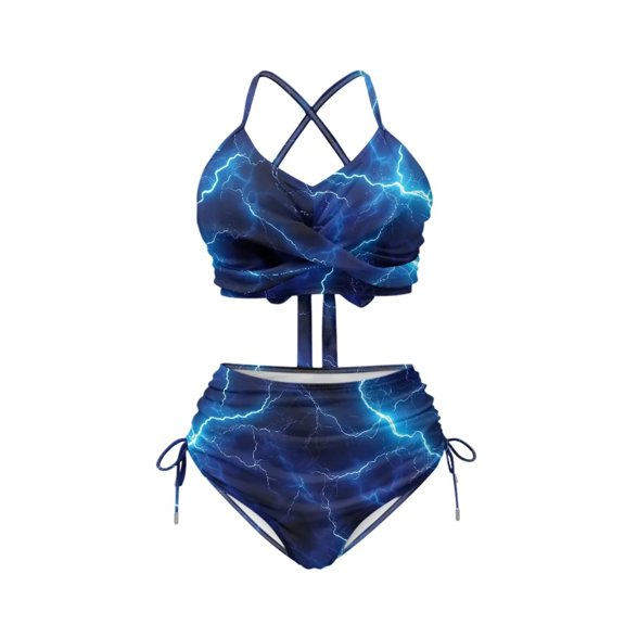 CHAQLIN Blue Lightning Print Two Piece Bikini Set for Women Sexy High Waist Bathing Suit Swimsuit Tummy Control Ruched Swimsuits Tie Two Sides Bottom Bathing Swim Suits Crisscross Back Bikinis