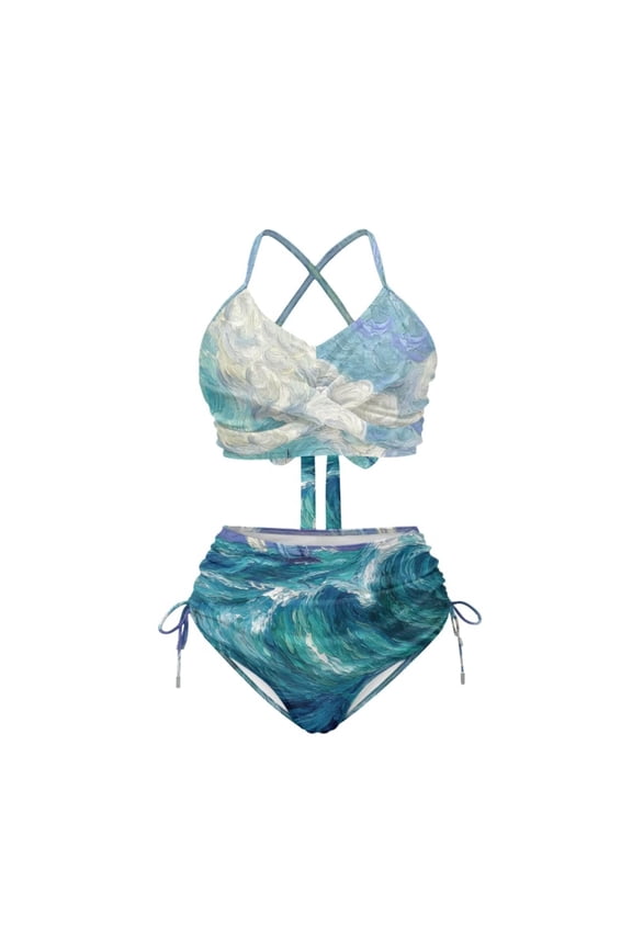 Blue Wave Two Piece Bikini Set for Women Halter Swimsuit Twist Front High Waisted Bathing Suit Ruched Ruffle Swimsuits Tie Knot High Rise Bathing Swim Suits