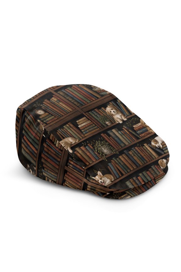 Bookshelf Puppy Polyester Beret Hat with Light, Wrinkle-Resistant Retro Flat Cap for Travel Street Daily Commuting