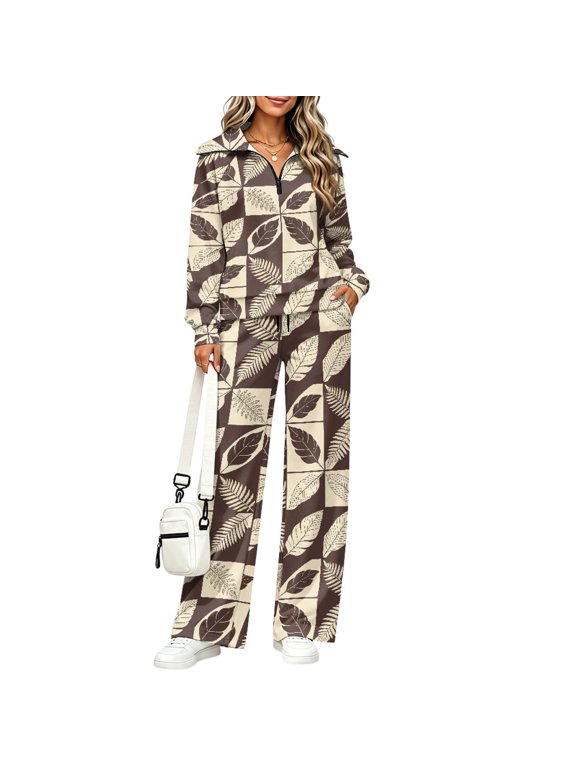 Botanical Leaf Checkered Pattern Track Suit, Track Suits Drawstring Women's 2 Piece Sweat Set Lightweight Oversized 2 Piece Outfits for Women for Gym Winter