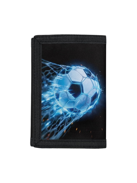 Boys Trifold Wallet Blue Neon Soccer Pattern Lightweight Children's Wallet for Outdoor, Polyester Slim Kids Trifold Wallet