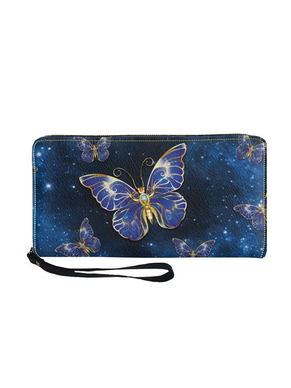 Butterfly Pattern Design Clutch Card Holder Wallets for Shopping Travel, Around Zipper Women's Wallets PU Large Capacity Long Purse
