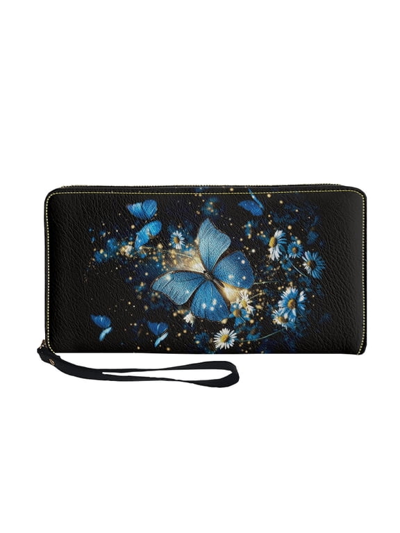 Butterfly and Daisy Pattern Travel Clutch Bags, Zipper Pocket PU Leather Long Purse for Shopping Outdoor, 4 Card Slots Long Wallet