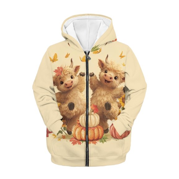 CHAQLIN Calf Pumpkin Pattern Design Zip Up Hooded Sweatshirt, Zip up Hoodies with with Pockets, Stretch Polyester Kids Sweater Top for Sports Gym