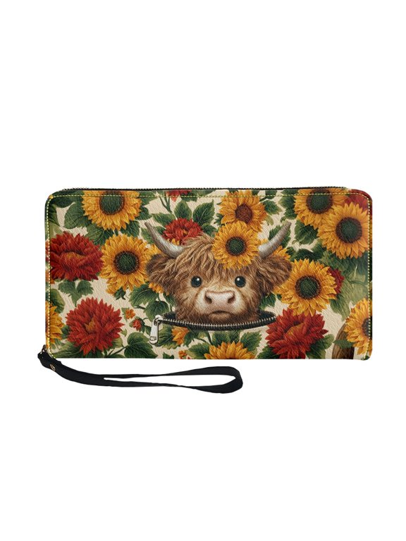 Calf and Sunflower Pattern Long Purse with Large Capacity Wrist Strap Long Wallet for Travel, PU Leather Women's Wallets for Outdoor