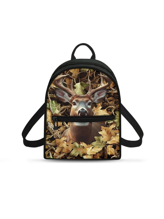 Camo Deer Silhouette Mini Backpack, Zipper Closure Polyester Small Backpack for Travel Dating, Adjustable Strap Travel Backpack
