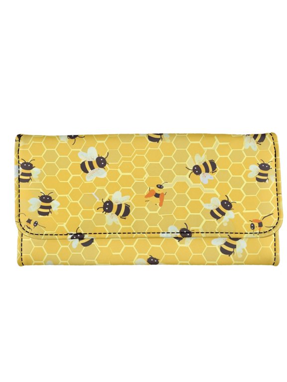 Cartoon Bee & Honeycomb Pattern Buckle Long Wallet, Leather Trifold Wallet Multi Card Women's Trifold Wallet for Daily Use Travel