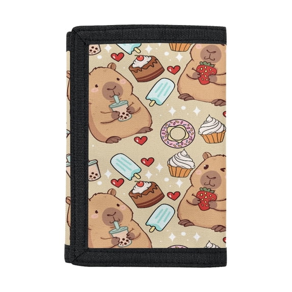CHAQLIN Cartoon Capybara & Dessert Pattern Children's Wallet, Stretch Polyester Trifold Card Wallet for Outdoor Sports, Foldable Lightweight Children Wallets