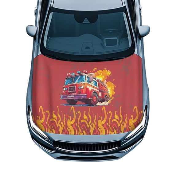 CHAQLIN Cartoon Fire Truck & Flame Car Hood Cover - Waterproof Sunproof Auto Exterior Decor - Universal Fit for Trucks, SUVs & Sedans | Easy Install
