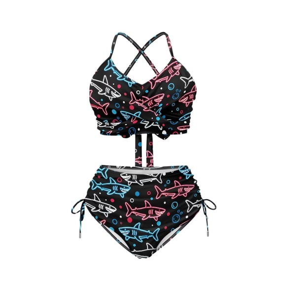 CHAQLIN Cartoon Shark Black Swimsuits for Women Two Piece Twist Front Halter Bathing Suit High Waisted Tankini Swimsuit Twist Front Bathing Suits Plus Size Swimwear Push Up Swim Bathing Suits
