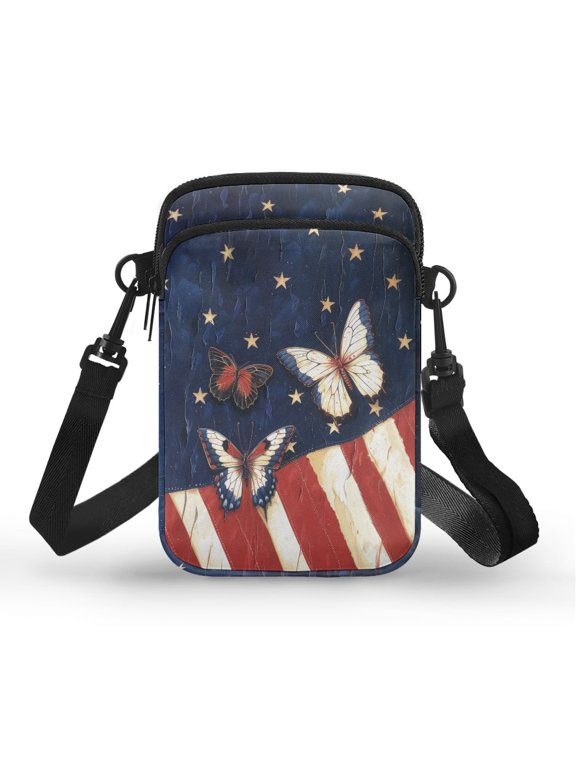 Casual Cell Phone Purse for Travel Shop, Polyester with Inner Pocket Crossbody Bag, American Flag Butterfly Print