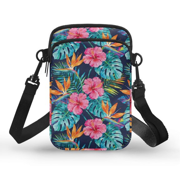 CHAQLIN Casual Cell Phone Purse for Work Shop, Polyester Adjustable Strap Sling Coin Wallet, Tropical Floral & Leaf Print
