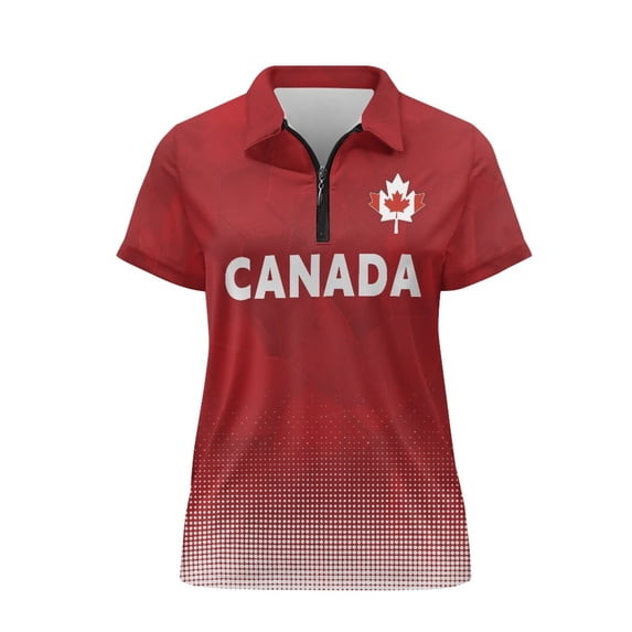CHAQLIN Casual Sports Tennis Shirts, Canada Maple Leaf & Text Print, Gradient Dot Pattern Polyester Lightweight Breathable Women Short Sleeve Golf Shirts for Gym Hiking Outdoor Sports