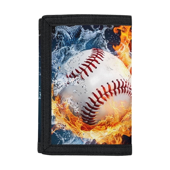 CHAQLIN Children's Wallet Baseball with Fire and Water Collision Slim Trifold Pouch for Daily Use, Polyester Portable Trifold Card Wallet