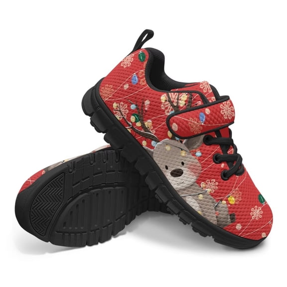 CHAQLIN Christmas Lights Running Shoes for Boys Size 13 Little Kids Single Buckle Lace Up Sneakers with Cartoon Reindeer Print Causal Tennis Running Sneaker Lightweight