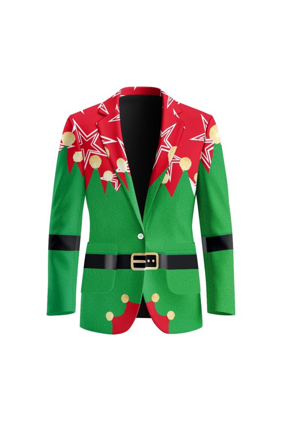Christmas Mens Casual Blazer Jacket with Elf Pattern, One Button Polyester Regular Fit Jacket for Office and Daily Wear