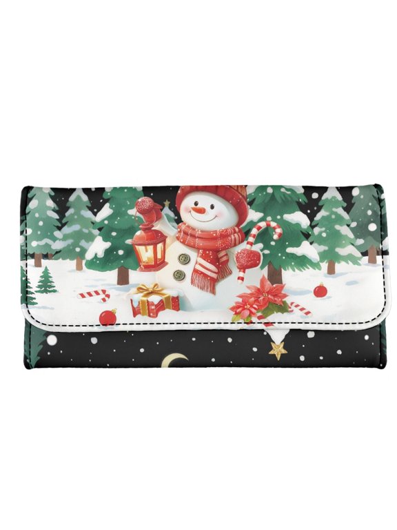 Christmas Snowman Pattern Buckle Long Wallet, PU Leather Women's Trifold Wallet with Pocket Cash Clutch Bag for Vacation Excursions
