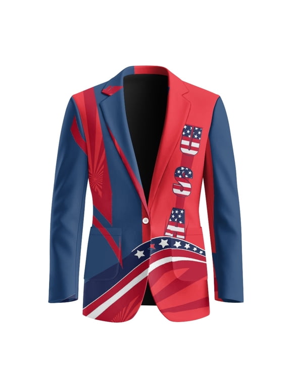 Classic Fit Classic Fit Sport Coats, USA Flag Print Polyester Midweight Formal Suit Jacket for Casual Summer
