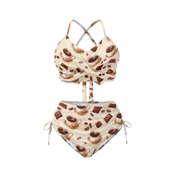 CHAQLIN Coffee Chocolate Brown High Waisted Bikini Sets Two Piece Ruched Ruffle Bathing Suit Tummy Control Swimsuits Crisscross Tie Back Swim Bathing Suits for Women