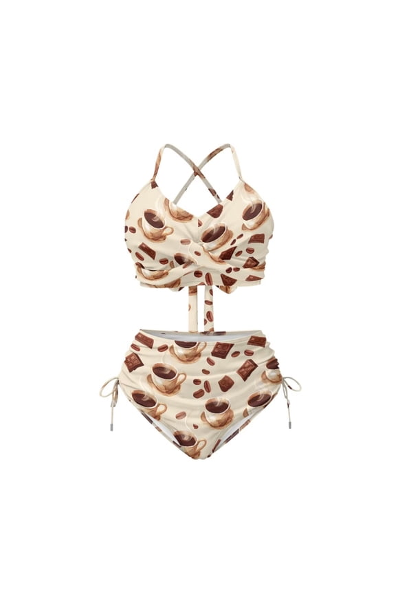 Coffee Chocolate Brown High Waisted Bikini Sets Two Piece Ruched Ruffle Bathing Suit Tummy Control Swimsuits Crisscross Tie Back Swim Bathing Suits for Women