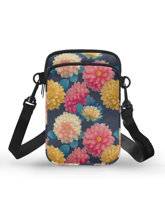 Colorful Dahlia Bloom Cell Phone Purse, 2 Layer Crossbody Bag Polyester Portable Single Shoulder Case for Shop Travel