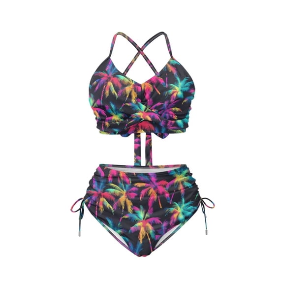 CHAQLIN Colorful Hawaiian Palm Tree Bikini Sets Two Piece Push Up Padded Swimsuits High Waist Twist Front Bathing Suits for Women Cross Lace Up Bikinis Beach Swimwear Tankini Swimsuit XS-3XL