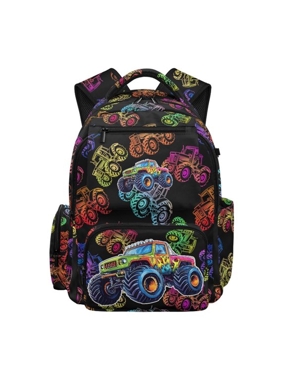 Colorful Monster Truck Pattern Lightweight Backpack for School Camping, Adjustable Padded Straps Wear Resistant 600D Polyester School Bag