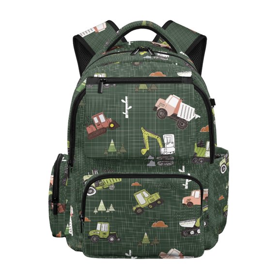 CHAQLIN Construction Vehicle Print 17 Inch School Backpack, 600D Polyester Bookbag with Water Bottle Pockets for Preschool and Primary School