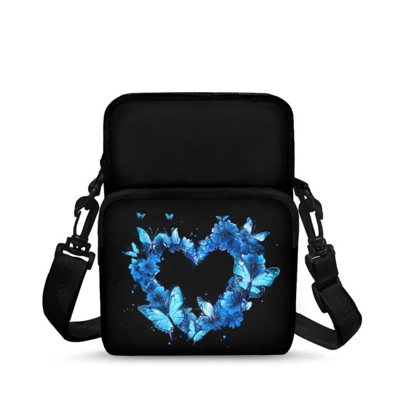 CHAQLIN Crossbody Bags Blue Heart Butterfly Pattern 2 Layer Crossbody Purse for Running, Polyester Lightweight Cross-Body Bag Phone Case