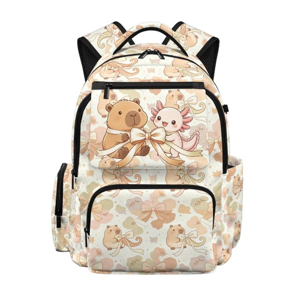 CHAQLIN Cute Capybara Axolotl 17 Inch School Backpack, Lightweight Water Resistant Bag for Elementary School Kids Daily Use