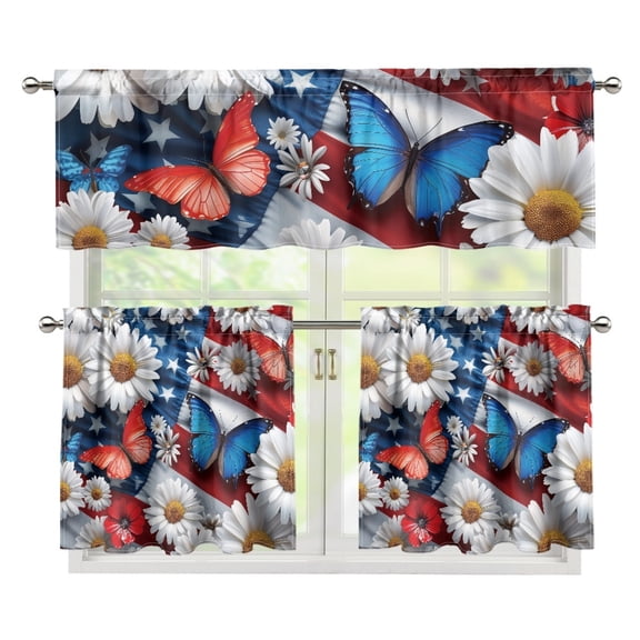 CHAQLIN Daisies Butterflies Kitchen Curtain Valance and Tiers Set, 3 Piece Home Decor Kitchen Curtains and Valances Set for Cafe