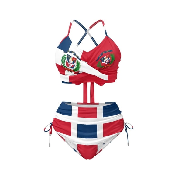 CHAQLIN Dominican Republic Flag Red Swimsuit for Women High Waisted Bikini Sets Two Piece Push Up Halter Swimsuit V Neck Padded Top Ruched Ruffle High Rise Bottom Crisscross Tie Back Bathing Suit