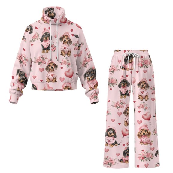CHAQLIN Double Sided Cloth Womens Lounge Sets 2 Piece Outfits for Shopping Indoor Weekend, Elastic Cuff Soft Women's Casual Outfit, Dachshund Heart Print