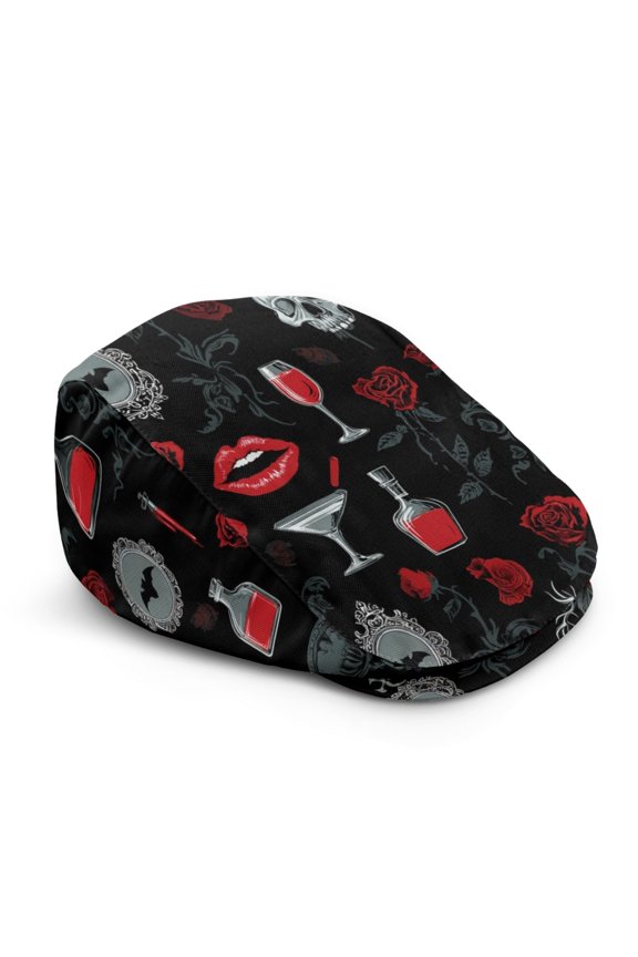 Durable Flat Cap for Driving Summer, Skull Rose Bat Pattern Polyester Lightweight Beret Hat Vintage