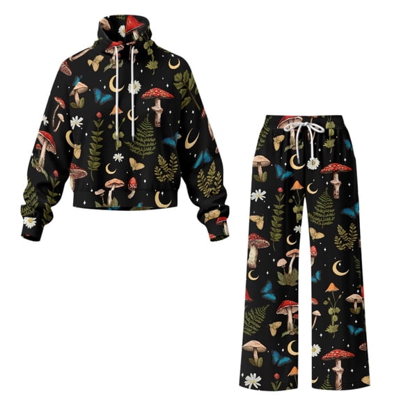 CHAQLIN Elastic Cuff Sweatsuits for Women 2 Piece Outfit for Afternoon Friend Visit Jogging, Mushroom Spandex Blend High Neck Female Sport Outfit with Adjustable Tie Waist
